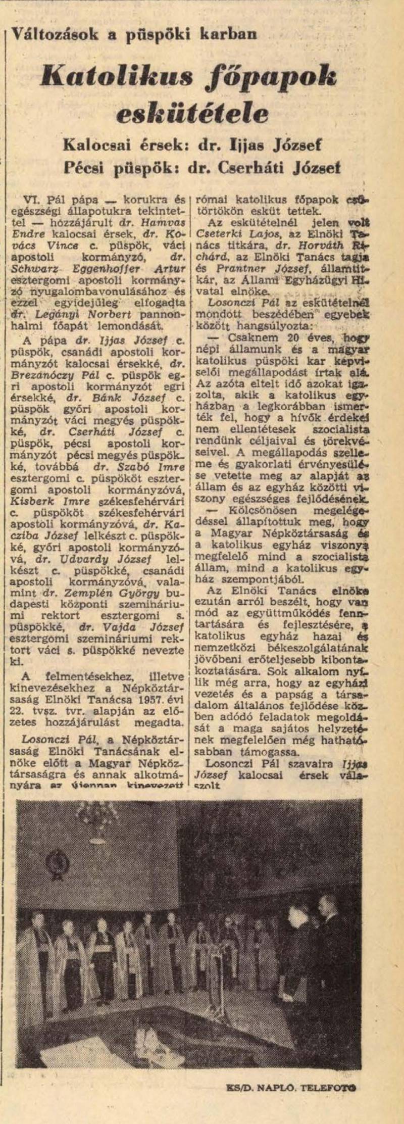  Híradás a főpapi eskütételről a Dunántúli Napló 1969. január 24-i számában